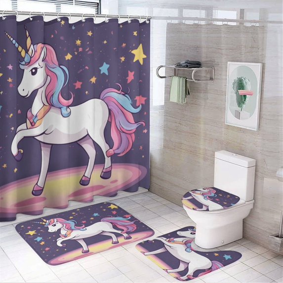 Cartoon Pony Shower Curtain Set 4PCs with Hooks Waterproof Bathroom Toilet Mat Lid Decor
