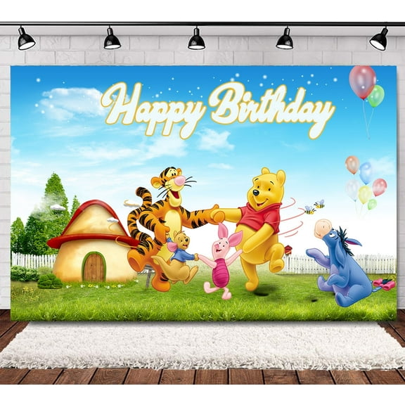 Cartoon Pooh Birthday Backdrop Banner Kids Party Supplies Happy Birthday Party Decorations 83''×59''