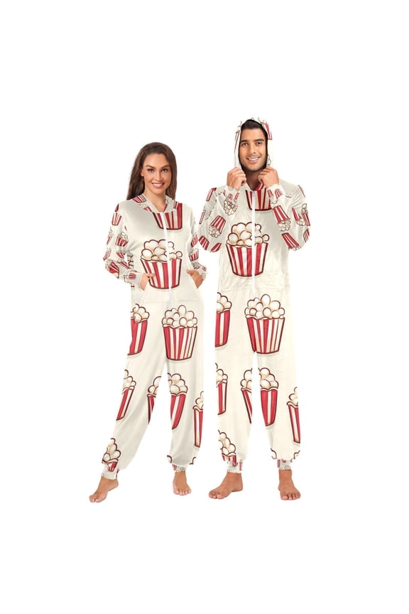 Cartoon Popcorns Adult Onesie Pajamas Slim Fit Christmas One Piece Suit Pjs for Women and Men Hooded Zipper