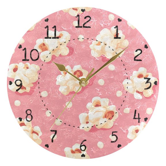 Cartoon Popcorns Round Wall Clock Silent Analog Battery Operated Gold Pointer Home Decor 9.84" Diameter