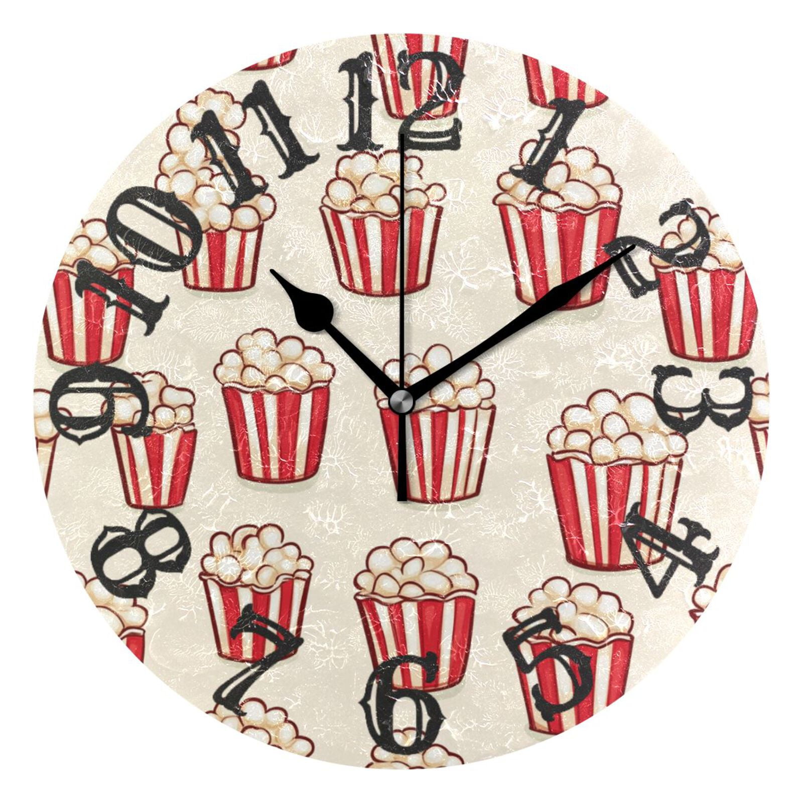 Cartoon Popcorns Wall Clock 10 inch Non-Ticking Easy to Read Decorative ...