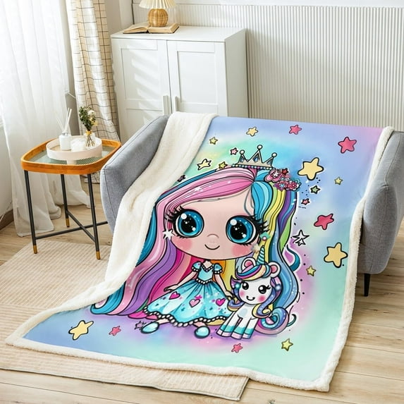 Cartoon Princess Fleece Blanket,Rainbow Stars Flowers Watercolor Blue Purple Glitter Bed Blanket for Adults Teens,Fairy Tale Fantasy Girlish Room Decor,Super Soft Flannel Blanket,40"x50"