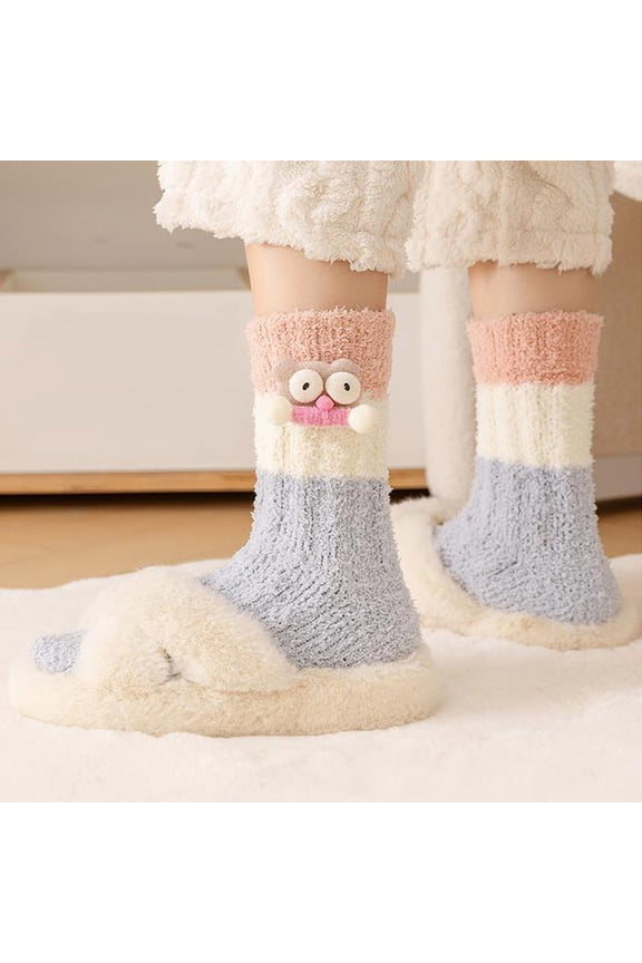 Cartoon Print Sleep Socks - Winter Thermal Knee High Stockings with Plush Inner, Cozy Bed Socks for Indoor Home Comfort(Light Gray)