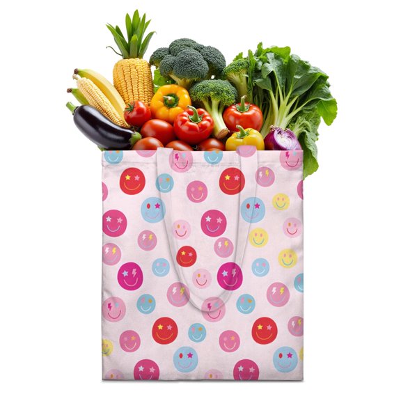 Cartoon Print Reusable Tote Bag - Cute Kawaii Doodle Design, Funny Graffiti-Style Characters & Playful Sketch Art, Cheerful Happy Vibes for Grocery Shopping.