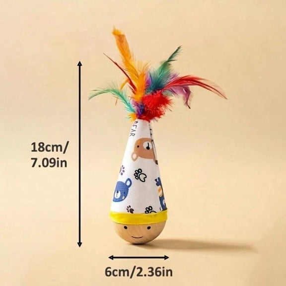 Cartoon Print Roly-Poly Cat Toy With Colorful Feather Wand, 18cm Tall, Battery-Free Interactive Play
