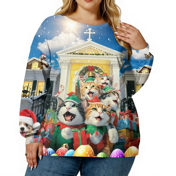 Cartoon Print T Shirt Women Party Long Sleeve Loose Plus Size Tops Christmas costumes women Festival Casual O-Neck Tee Shirt