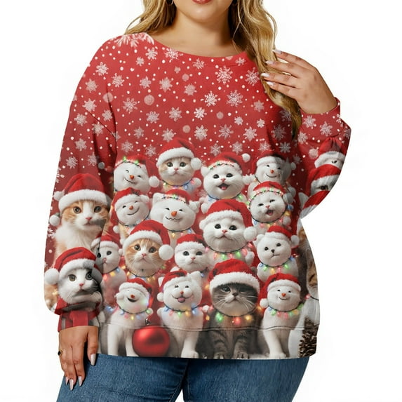Cartoon Print T Shirt Women Party Long Sleeve Loose Plus Size Tops Christmas costumes women Festival Casual O-Neck Tee Shirt