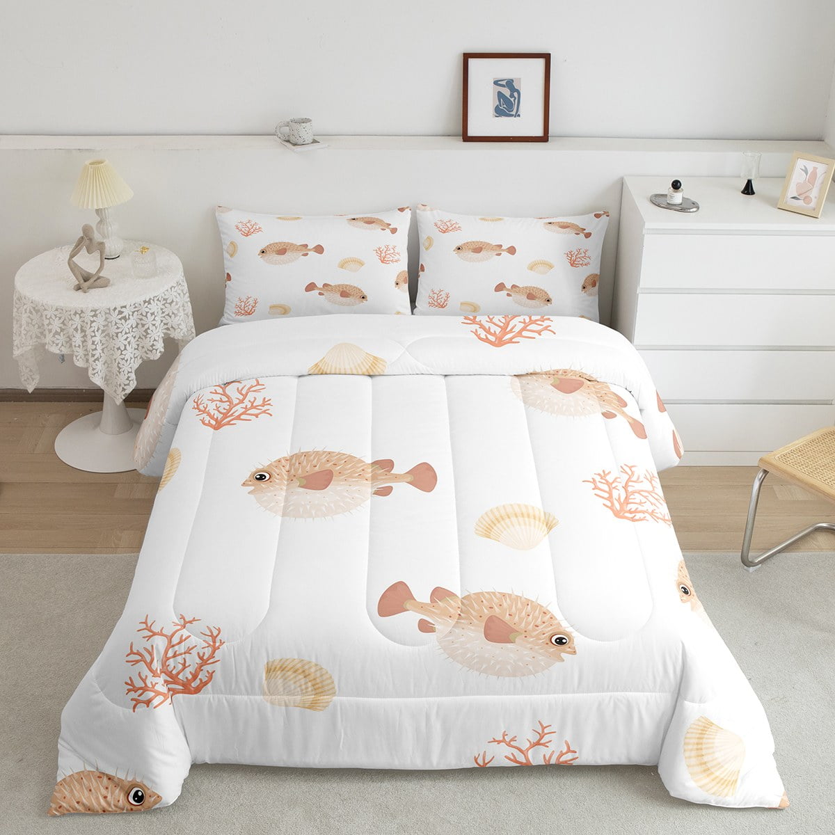 Cartoon Pufferfish Comforter Set for Kids Teens Girls Underwater Ocean
