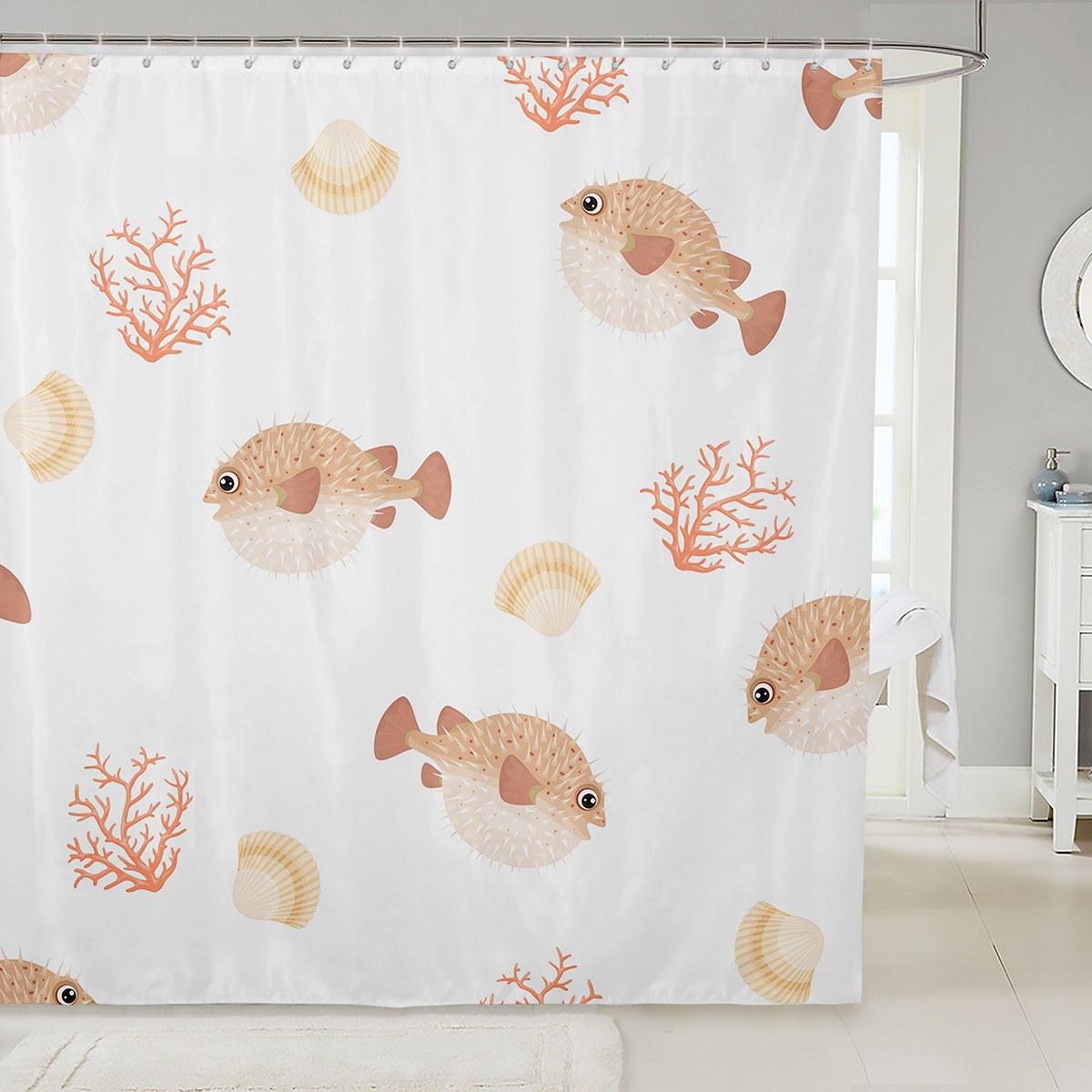 Cartoon Pufferfish Fabric Shower Curtain for Kids Teens Girls Underwater Ocean Theme Shower