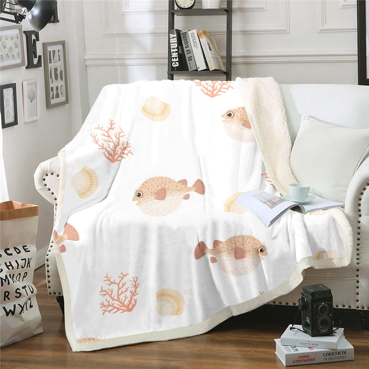 Cartoon Pufferfish Fleece Blanket for Kids Teens Girls Underwater Ocean