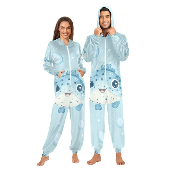 Cartoon Puffers Adult Onesie Pajamas Slim Fit Christmas One Piece Suit Pjs for Women and Men Hooded Zipper