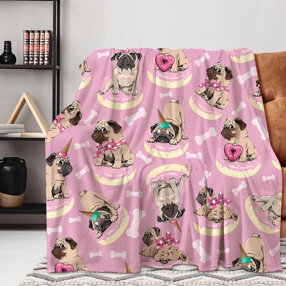 Cartoon Pug Blanket Cozy Throw Blanket for Pug Lovers, Super Soft Plush Fleece Blanket Lightweight Flannel Blanket, Decorative Fuzzy Throws for All Season(50×60in, Cartoon Pug)