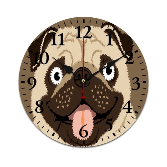 Cartoon Pug Dog Decorative Wall Clock, 12in x 12in Decor For Nursery And Pet Themed Room