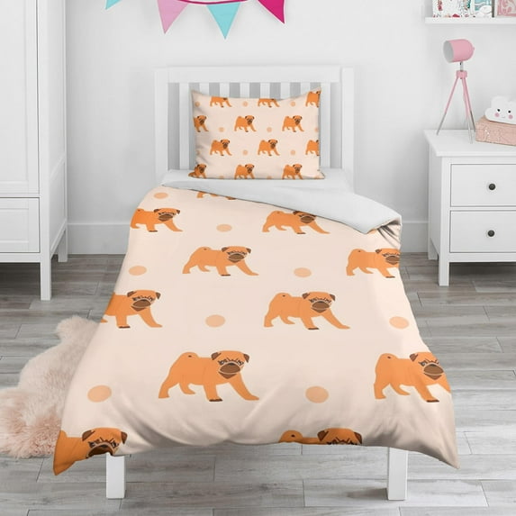 Cartoon Pug Dog Duvet Cover and Pillowcase Set for Single Bedding, Bedroom Accessories for Kids Teens