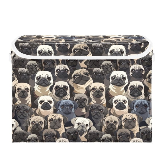 Cartoon Pug Dog Printing Large Storage Bins with Linen Collapsible Lid Storage Box 16.7 x 12.6 x 11.8in