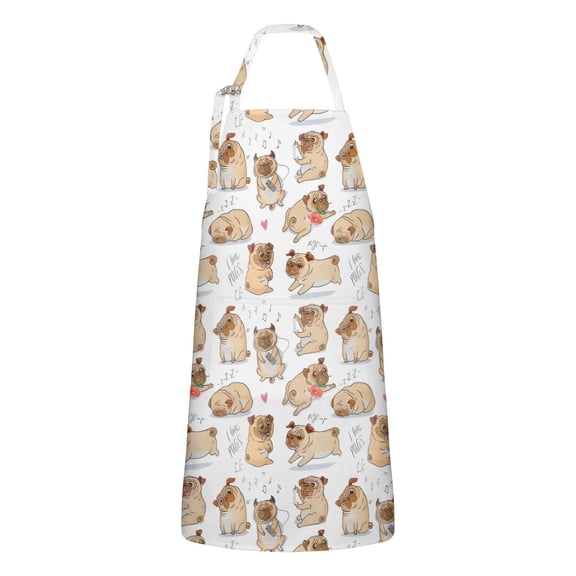 Cartoon Pug and Heart Apron-Garden Aprons for Women with Pockets-Cotton Linen Waterproof Kitchen Cooking Gardening Aprons Adjustable for Kitchen,Cooking,BBQ and Salon 33x27 Inch