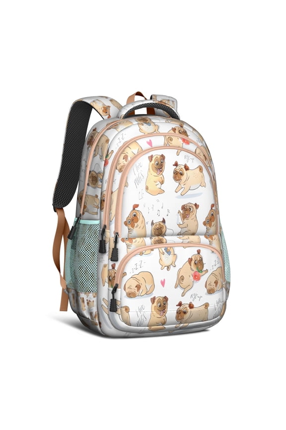 Cartoon Pug and Heart Backpack for School,Cute School Bag,Schoolbag with Adjustable Shoulder Straps & Padded Back,16.9 Inch