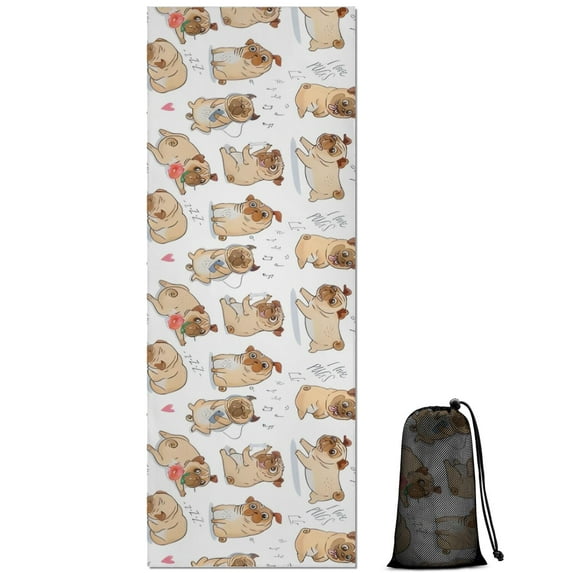 Cartoon Pug and Heart Hot Yoga Mat Towel Non Slip for Hot Yoga - Quick-Drying Yoga Mat Cover with 4 Corner Pockets with Travel Bag - Hot Yoga Towel Non Slip Grip Moisture Wicking Sweat 70"x26"