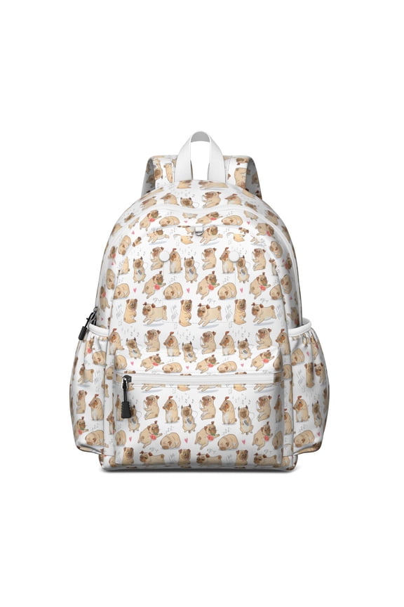 Cartoon Pug and Heart Backpack for School,Cute School Bag,Schoolbag with Adjustable Shoulder Straps & Padded Back,13.4"x11"x4.7"