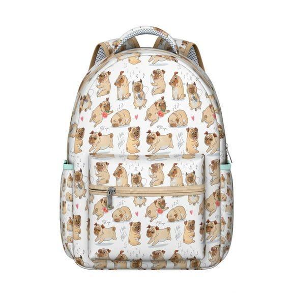 Cartoon Pug and Heart Backpack for School,Cute School Bag,Schoolbag with Adjustable Shoulder Straps & Padded Back,15.3"x11"x7.1".