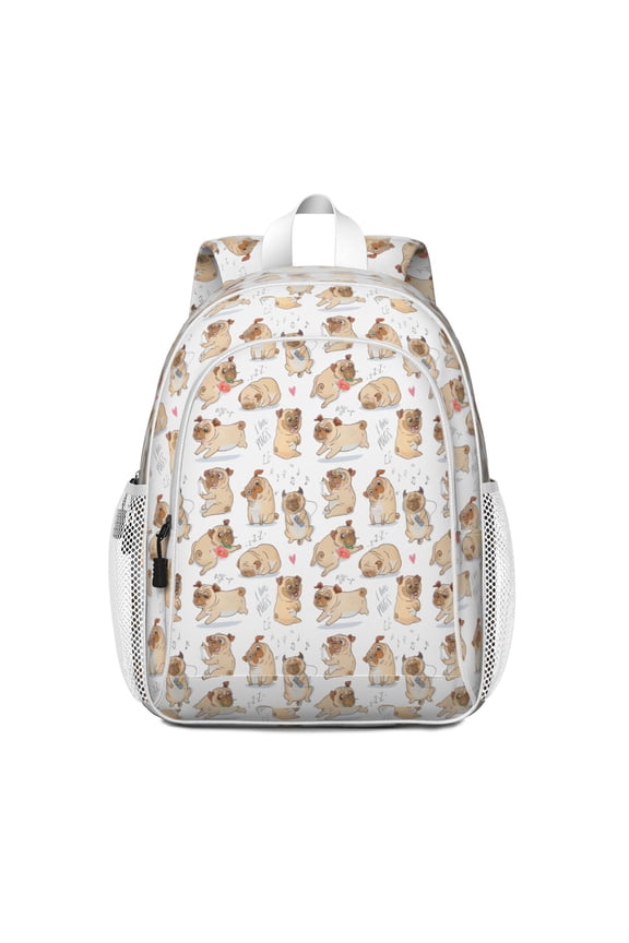 Cartoon Pug and Heart Backpack for School,Cute School Bag,Schoolbag with Adjustable Shoulder Straps & Padded Back,15"x11.42"x5.5"