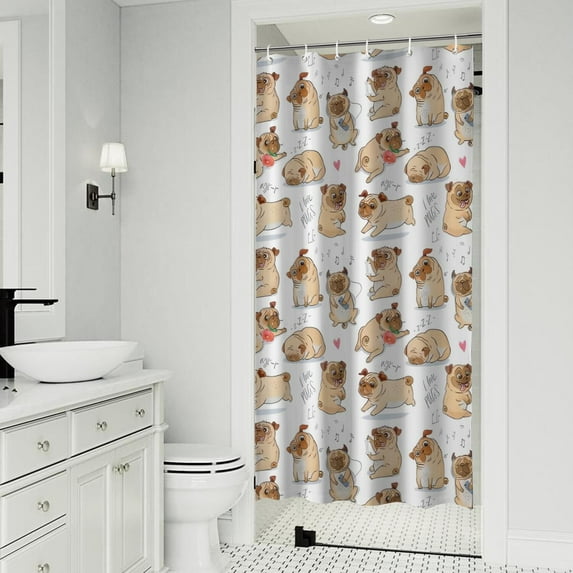 Cartoon Pug and Heart Shower Curtain 36"x72" ,Bathroom Decorative Shower Curtains Set with 12 Hooks,Modern Waterproof Washable Shower Curtain