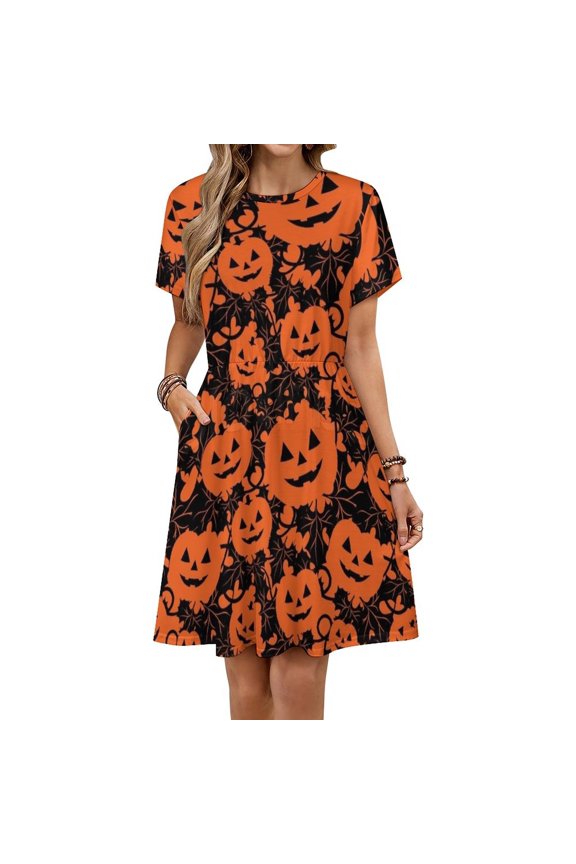 Cartoon Pumpkin Citrus Stem Dress Fashion Beach Short Sleeve Dresses Female Party Printed Sundress