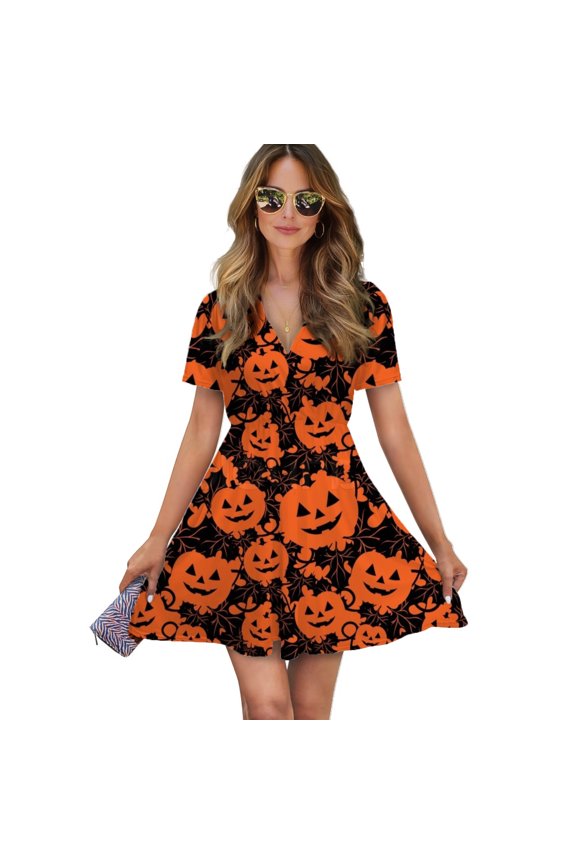Cartoon Pumpkin Citrus Stem Women Dress V-Neck Short Sleeve Flowy Swing Party Midi Dress
