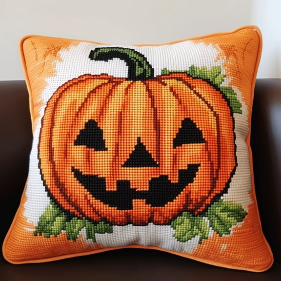 Cartoon Pumpkin Embroidery Pillowcase Kits 11CT Cross Stitch Cushion Cover 18x18inch