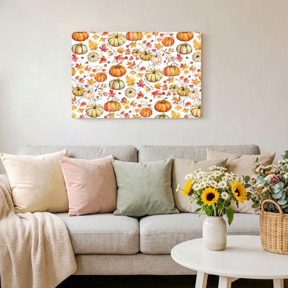 Cartoon Pumpkin Fallen Leaves Framed Canvas Wall Art Print in USA,Canvas Pictures Painting Prints Thanksgiving Maple Leaves Wall Artwork for Home Office Living Room Bedroom Decor,10"x8"
