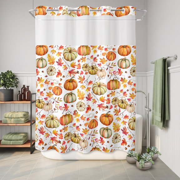 Cartoon Pumpkin Fallen Leaves No Hook Shower Curtain with See Through Top Window,Thanksgiving Maple Leaves Waterproof Shower Curtains for Home Hotel Bathroom Decor,60x72in