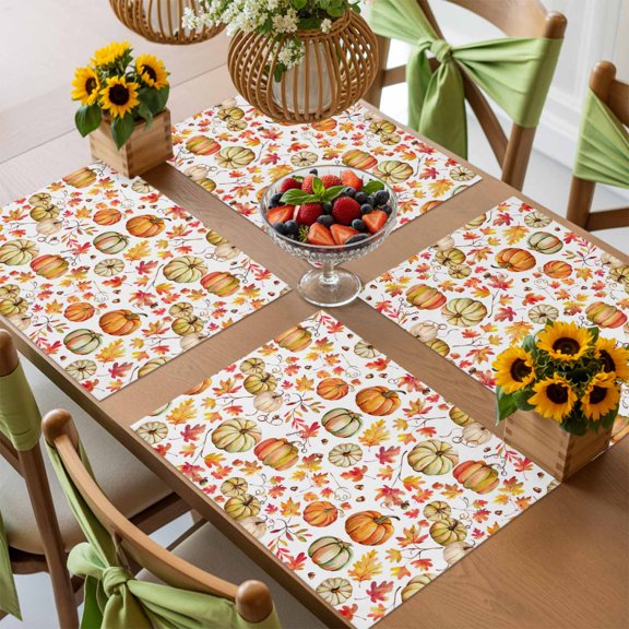 Cartoon Pumpkin Fallen Leaves Placemats Set of 4,Wipeable Washable Table Mats for Dining Tables, Thanksgiving Maple Leaves Place Mats for Kitchen Event Party Tabletop Decor
