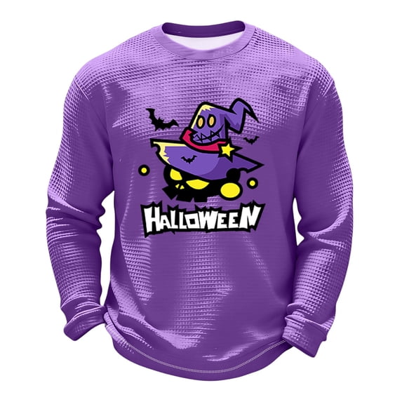 Cartoon Pumpkin Ghost Halloween Graphic Waffle Knit Crewneck Long Sleeve Shirt Soft Comfort Daily Casual Loose Top Purple XL