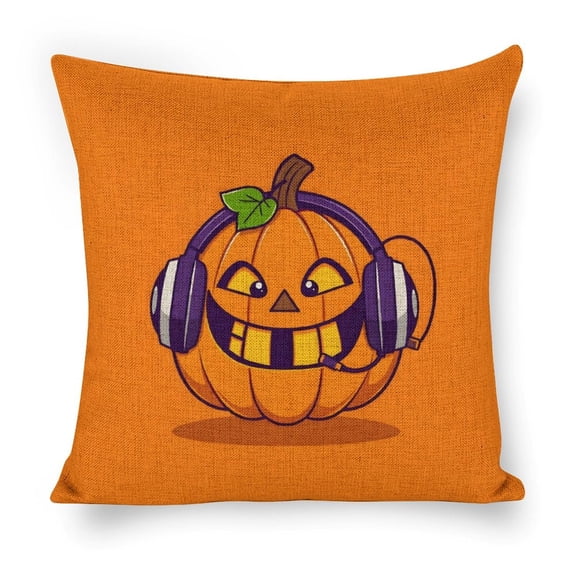 Cartoon Pumpkin with Headphones on Orange Background Linen toss pillowcase decoration pillowcase gifting preferred 18x18 inch cushion cover sofa pillowcase sofa bedroom living room car