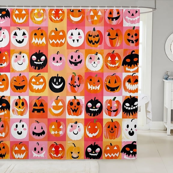 Cartoon Pumpkin Lantern Patchwork Waterproof Shower Curtain, Halloween Design