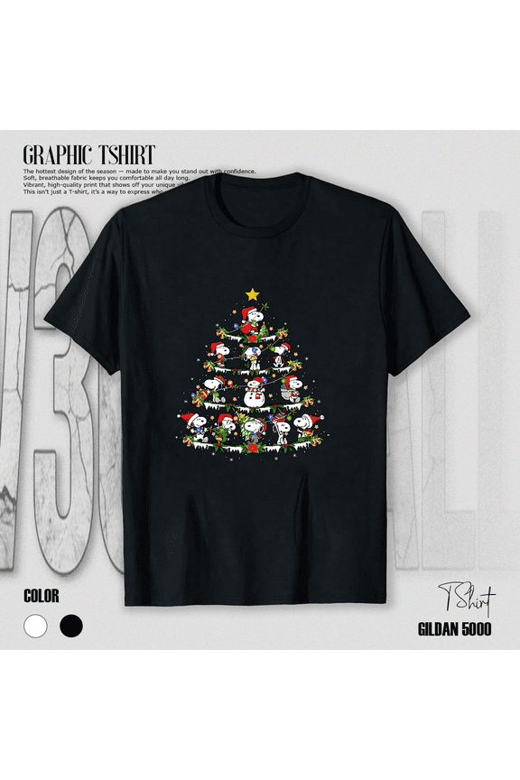 Cartoon Puppy Birdhouse Festive Holiday Tree Nostalgic Graphic Unisex T-Shirt V13884, up to size 5XL