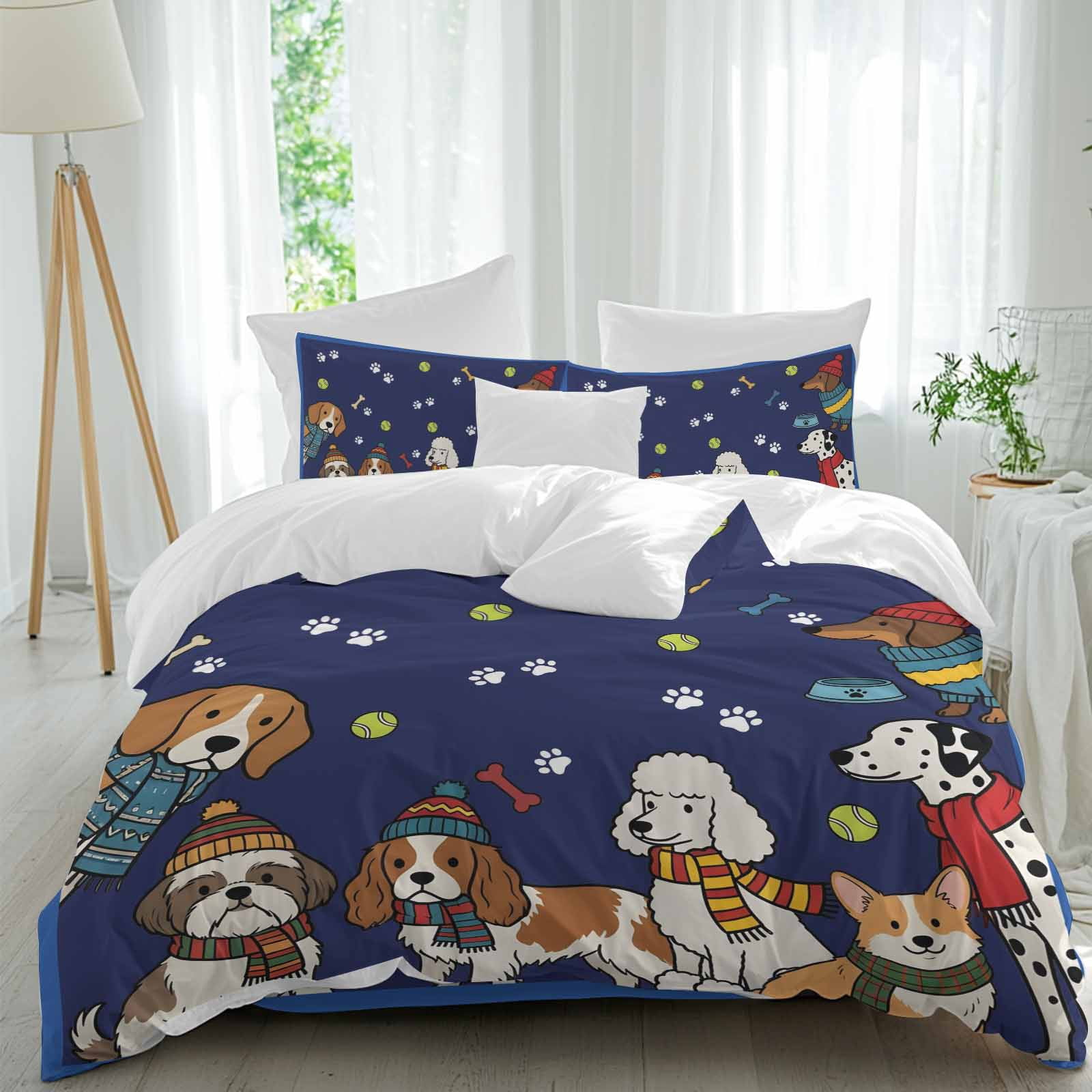 Cartoon Puppy Duvet Cover Set Queen Size, Dag Paw Print Bone Balls Navy Background 4 Piece Bedding Set with Zipper Closure & Corner Ties Soft Breathable Comforter Cover for Bedroom