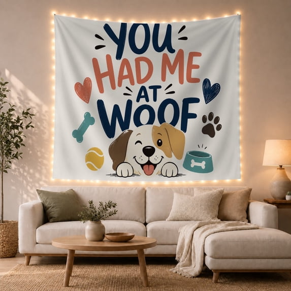 Cartoon Puppy Face With Ears Wide Smiling Mouth, Inspirational Illustration for Quote Lovers, Typography Wall Art, Valentine's Day Gift, Tapestry Wall Hanging for Bedroom and Dorm