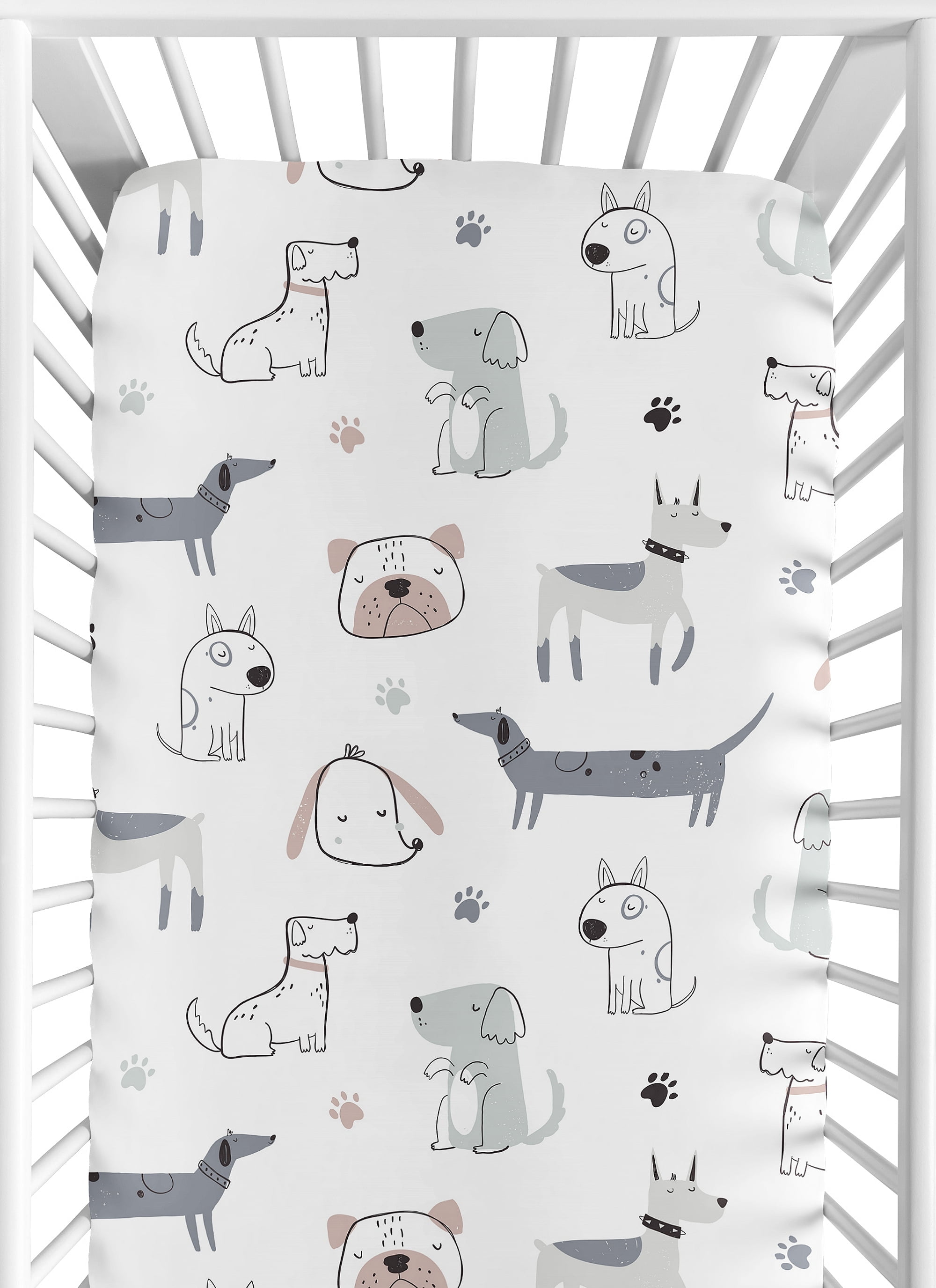 Sweet Jojo Designs Cartoon Puppy White Taupe and Blue Fitted Crib Sheet