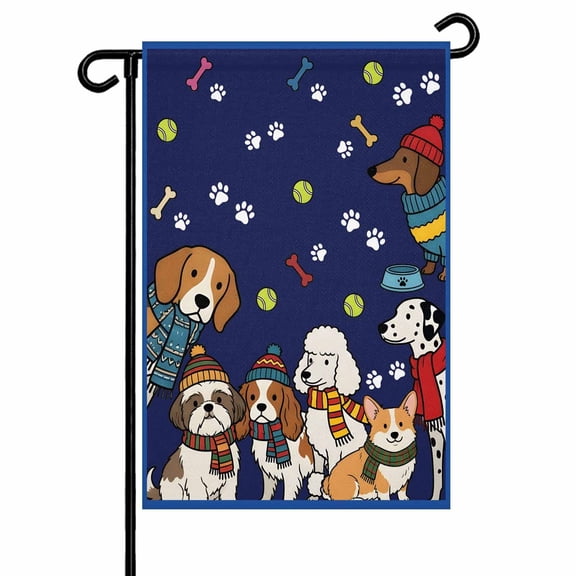 Cartoon Puppy Garden Flag 12x18 Inch Dag Paw Print Bone Balls Navy Background Double Sided Small Decorative Garden Flags for Outside, Outdoor Yard Porch Lawn Decoration