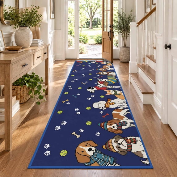 Cartoon Puppy Hallway Washable Runner Rug 2x6 Dag Paw Print Bone Balls ...