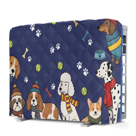 Cartoon Puppy Indoor Window Air Conditioner Cover Dag Paw Print Bone Balls Navy Background Double Insulation AC Covers for Inside Window Unit Waterproof AC Unit Covers for Winter 17"Lx13"Hx3.5"D