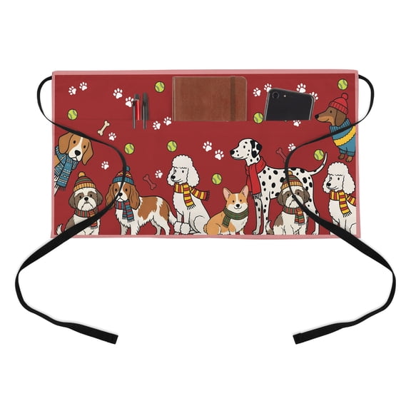Cartoon Puppy Kitchen Restaurant Half Waist Apron, Dag Paw Print Bone Balls Brown Red Background Server Short Apron with 3 Pockets Waterproof Oil Waist Aprons for Women Waitress Waiter