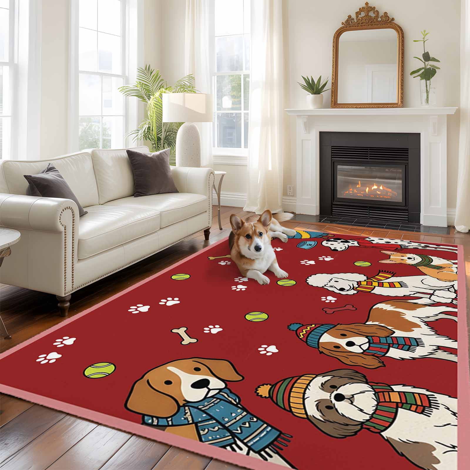 Cartoon Puppy Large Area Rugs 5x8 ft Dag Paw Print Bone Balls Brown Red ...