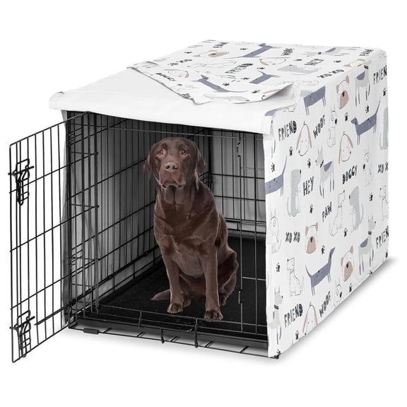 Cartoon Puppy Print Dog Crate Cover Kennel Covers for 42 Inch Pet Cage Medium/Large - Neutral Grey Taupe Blue White Modern Wiener Doggy Paw Print Gray 42.0"L x 30.0"W x 28.5"H