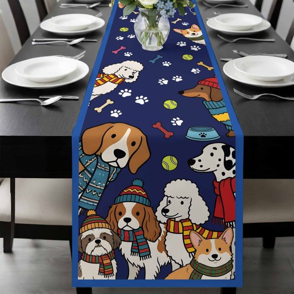 Cartoon Puppy Table Runner, Dag Paw Print Bone Balls Navy Background Washable Cotton-linen Table Runners Dining Kitchen Decoration for Everyday Home Wedding Party Decor, 13 x 90 Inch
