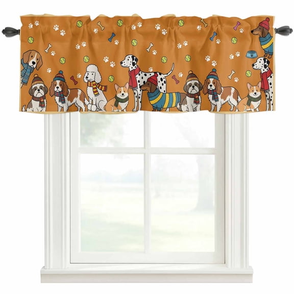 Cartoon Puppy Valances for Windows Dag Paw Print Bone Balls Brown Background Rod Pocket Curtain Valance Window Treatment Short Curtains for Kitchen Living Room, 54"x18"