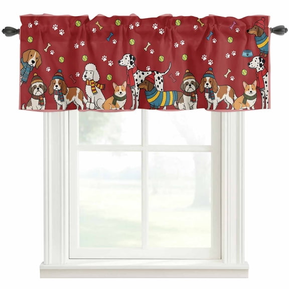 Cartoon Puppy Valances for Windows Dag Paw Print Bone Balls Brown Red Background Rod Pocket Curtain Valance Window Treatment Short Curtains for Kitchen Living Room, 54"x18"
