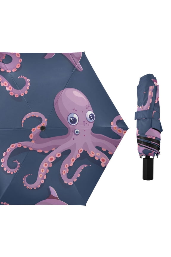 Cartoon Purple Devilfish Dolphins All Weather Umbrella Triple Folding Parasol 6 Ribs UV Protection Portable