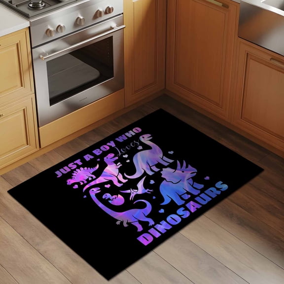 Cartoon Purple Dinosaurs 2x3 Rug for Entryway Front Door Kitchen Sink Area, Just A Boy Who Loves Dinosaurs Low Pile Washable Non Slip Rectangle Area Rug